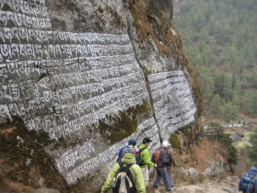 A whole cliffside of script carvings!