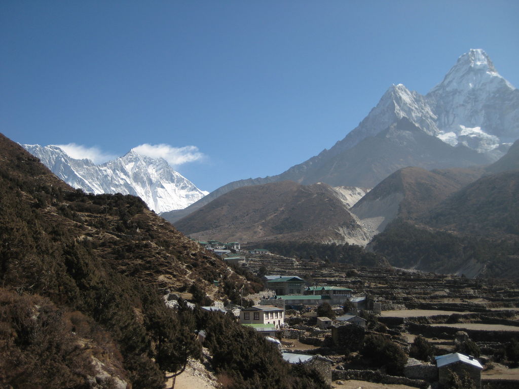 Enterring Pangboche with views of Ama Dablam and a bit of Everest