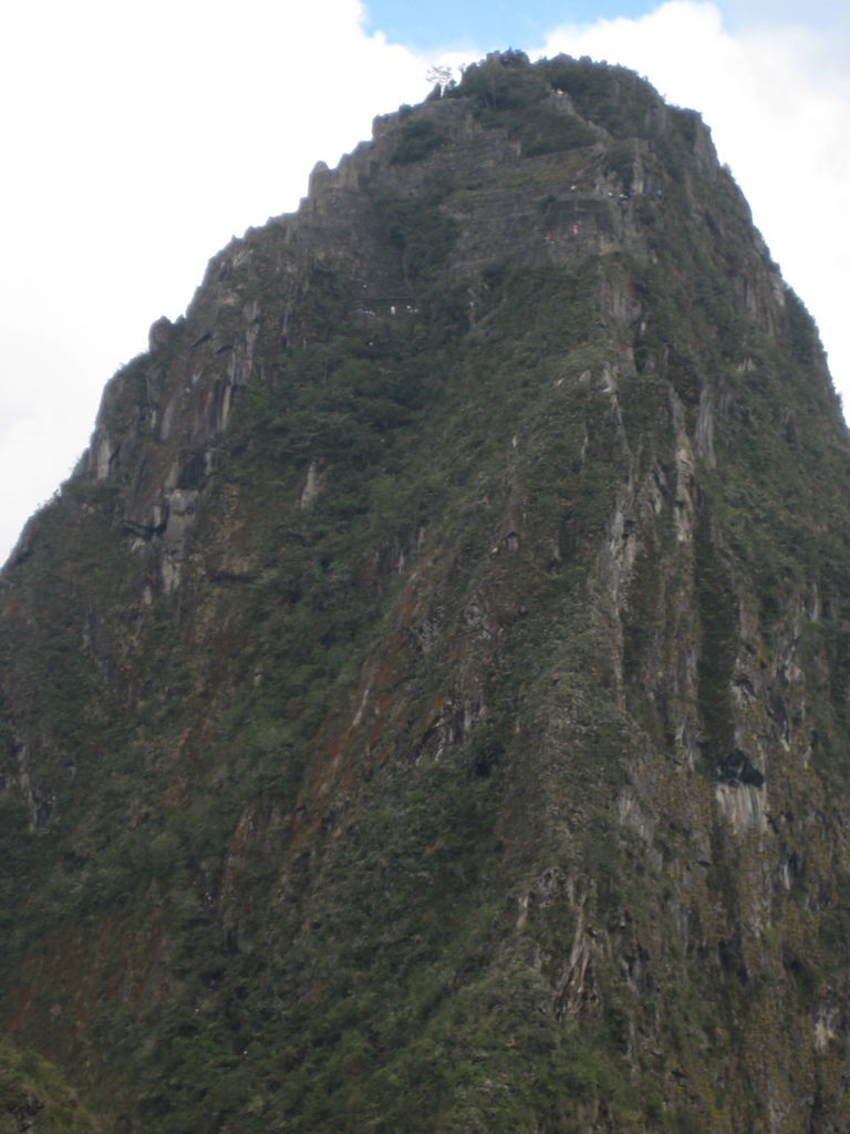 Looking up at Huayna Picchu where people are climbing